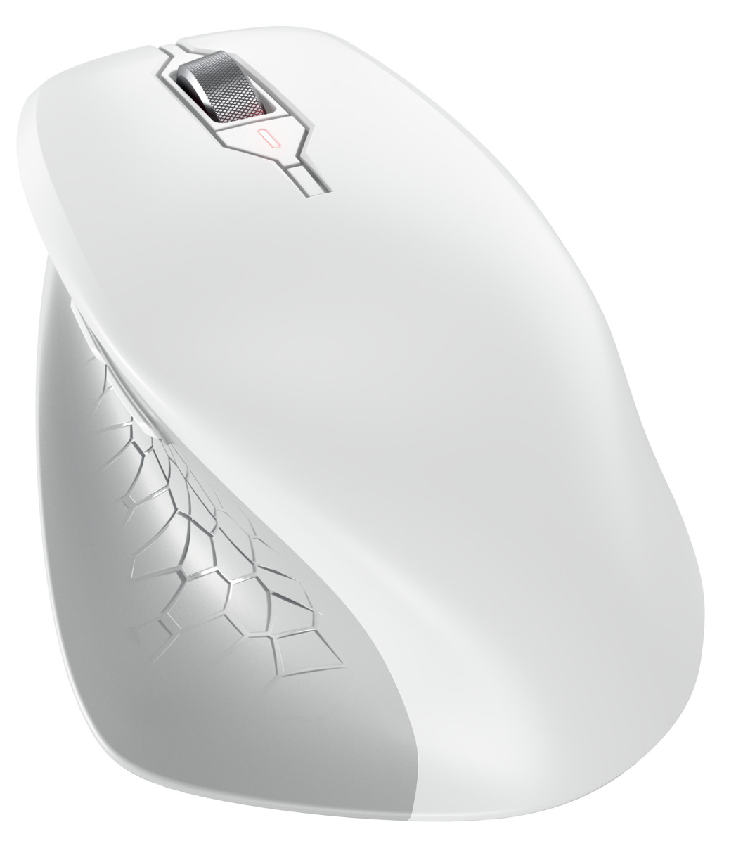 Een witte computermuis met een zilveren scrollwiel. De zijkant heeft een grijs getextureerd paneel. De muis staat op een witte achtergrond.