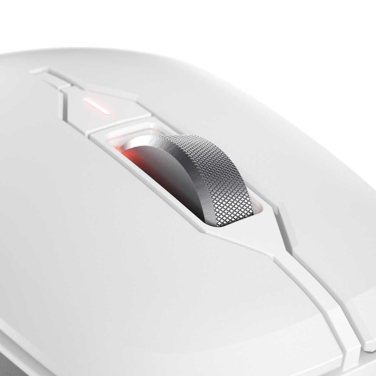 Close-up van een witte computermuis. Het scrollwiel is zilver en getextureerd. Een rood licht is zichtbaar. Witte achtergrond.