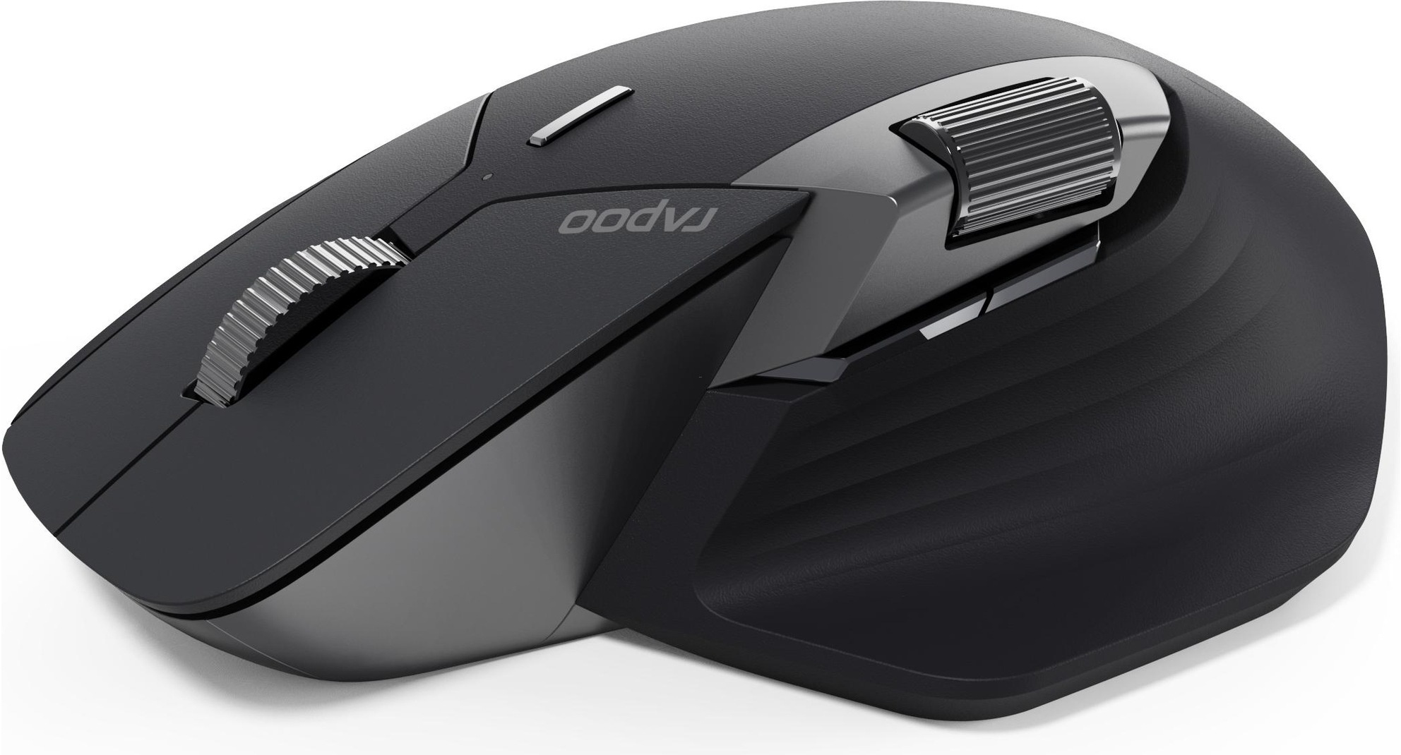 A black ergonomic computer mouse with silver accents, two scroll wheels, and the word 'RAPOO' on the side.
