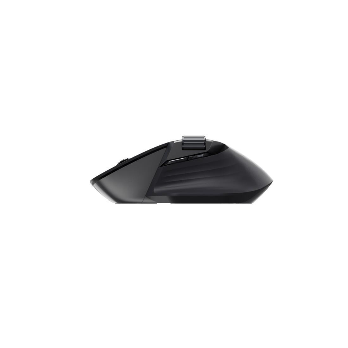 A side view of a black computer mouse. It has buttons and a scroll wheel on top, and a smooth, curved design.