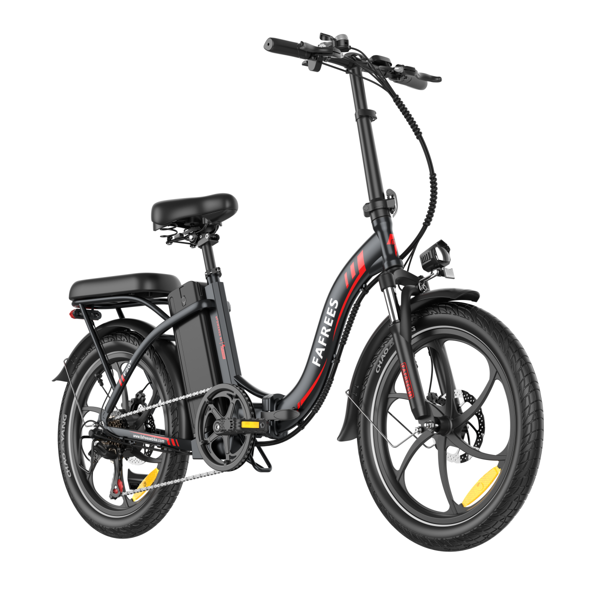 Czarny składany rower elektryczny FAFFREES. Cechy: czerwone paski, czarne opony, reflektor i bagażnik. Tło jest czarne.