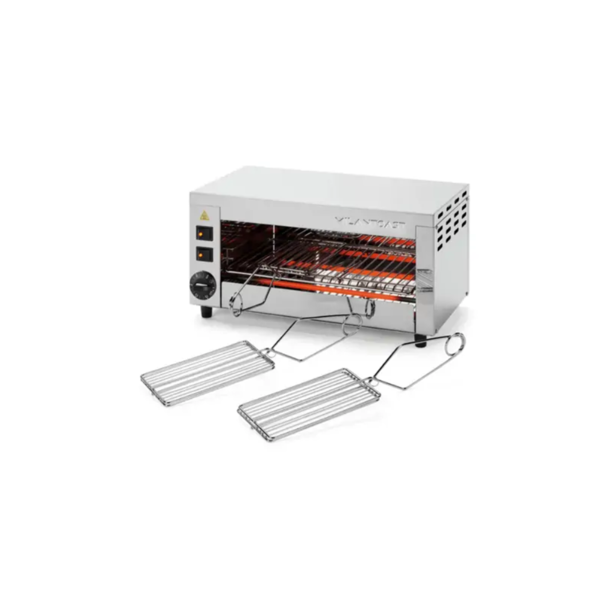Ein gewerblicher Toaster mit zwei Brotgestellen. Es ist silberfarben und hat sichtbare Heizelemente im Inneren. Zwei zusätzliche Gestelle unten.