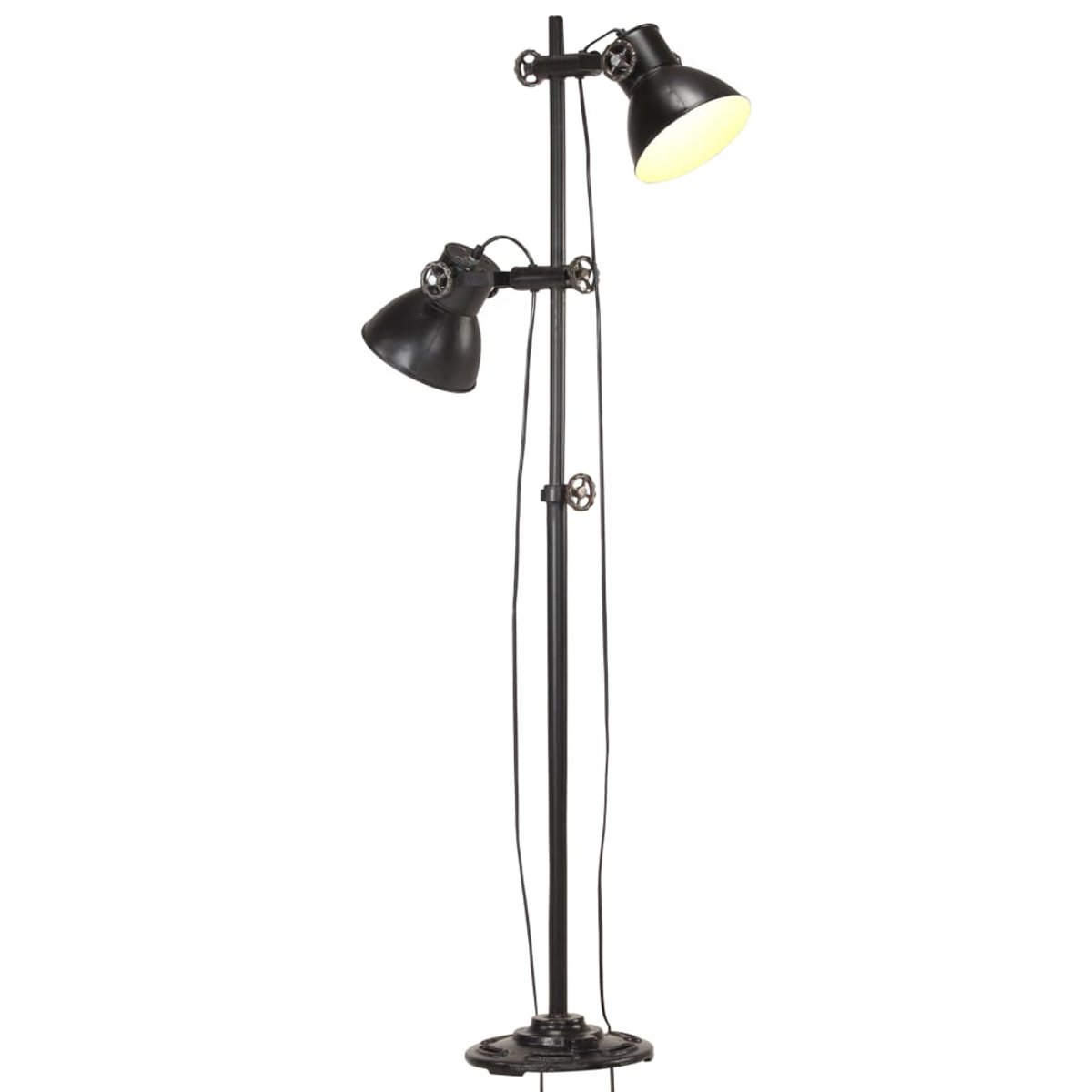 Eine schwarze Industrie-Stehlampe mit zwei verstellbaren Lampenschirmen. Sie steht auf einem runden Sockel. Drähte und Stellräder sind sichtbar.