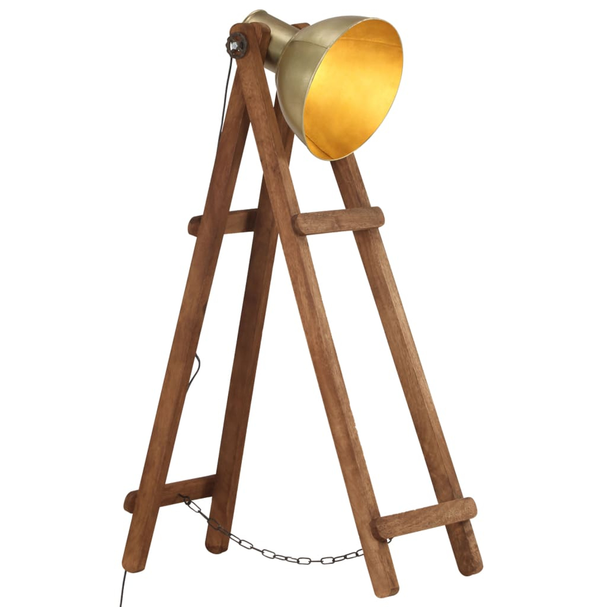 Holz-Stativ-Stehlampe mit goldfarbenem Lampenschirm. Die Lampe hat eine Kette. Isoliert auf weißem Hintergrund.