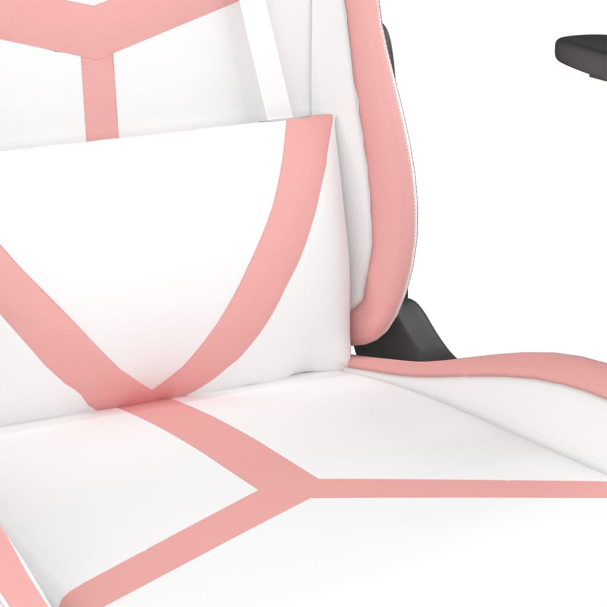 Nahaufnahme eines Gaming-Stuhls. Weiß mit rosa Akzenten. Verfügt über einen weißen Sitz und eine Rückenlehne mit rosa Linien und einem rosa Rand.