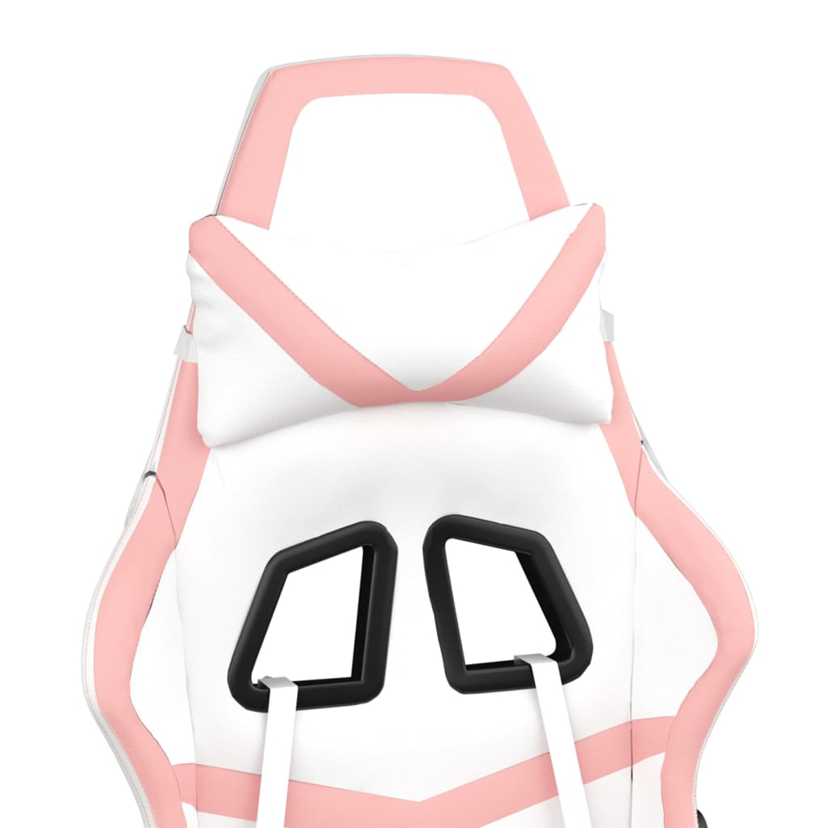 Nahaufnahme eines weiß-rosa Gaming-Stuhls. Merkmale sind eine Kopfstütze, ein Nackenkissen und schwarze Stützstrukturen. Der Stuhl hat weiße Gurte.