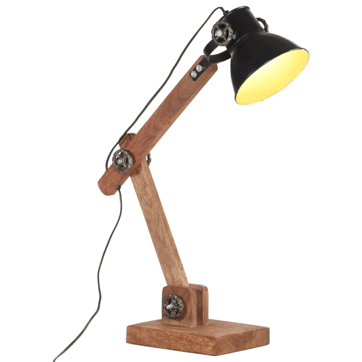 Eine Schreibtischlampe mit schwarzem Lampenschirm und Holzarm und -fuß. Der Lampenschirm ist nach unten geneigt, mit warmem gelbem Licht.
