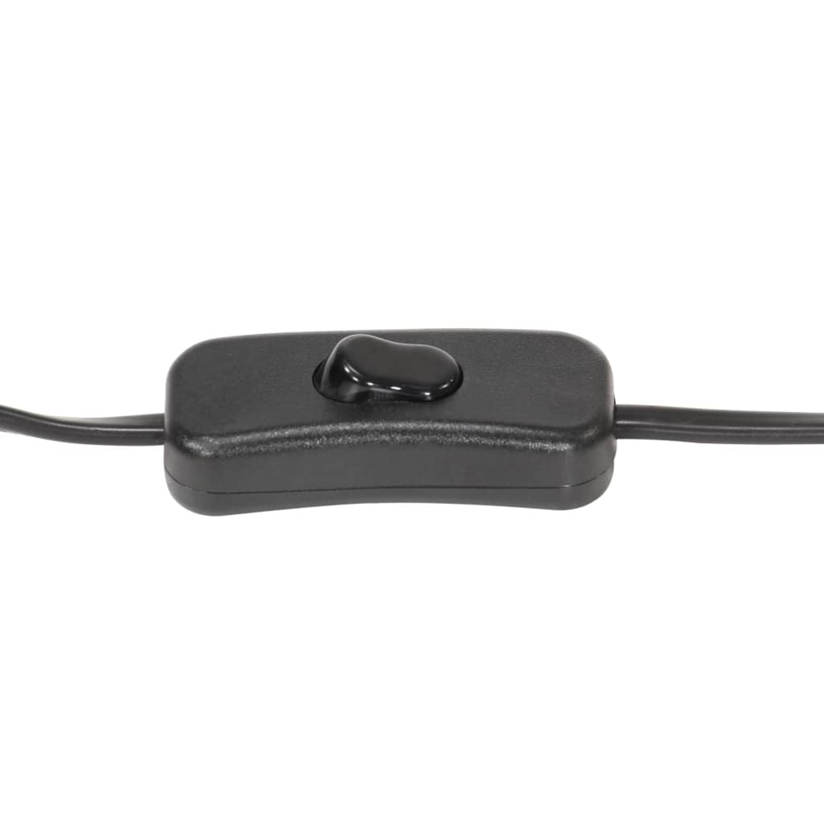 Ein schwarzer Ein/Aus-Schalter an einem schwarzen Kabel, vor weißem Hintergrund. Der Schalter ist rechteckig mit einem abgerundeten Knopf.