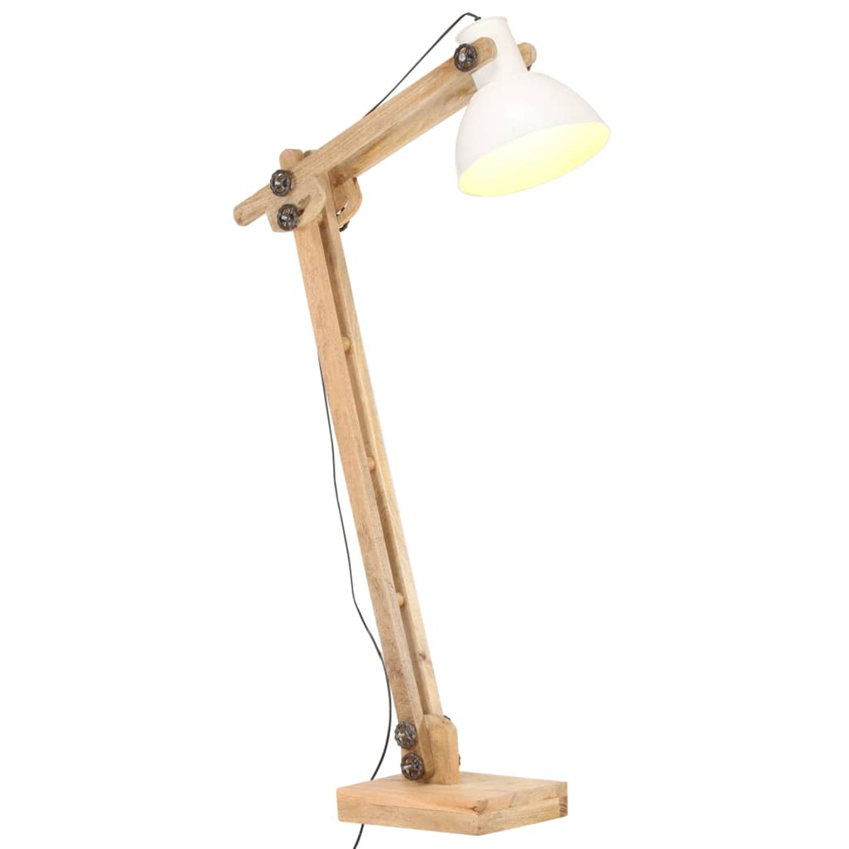 Eine Stehlampe aus Holz mit weißem Lampenschirm. Die Lampe hat eine natürliche Holzoberfläche und ein schwarzes Netzkabel.
