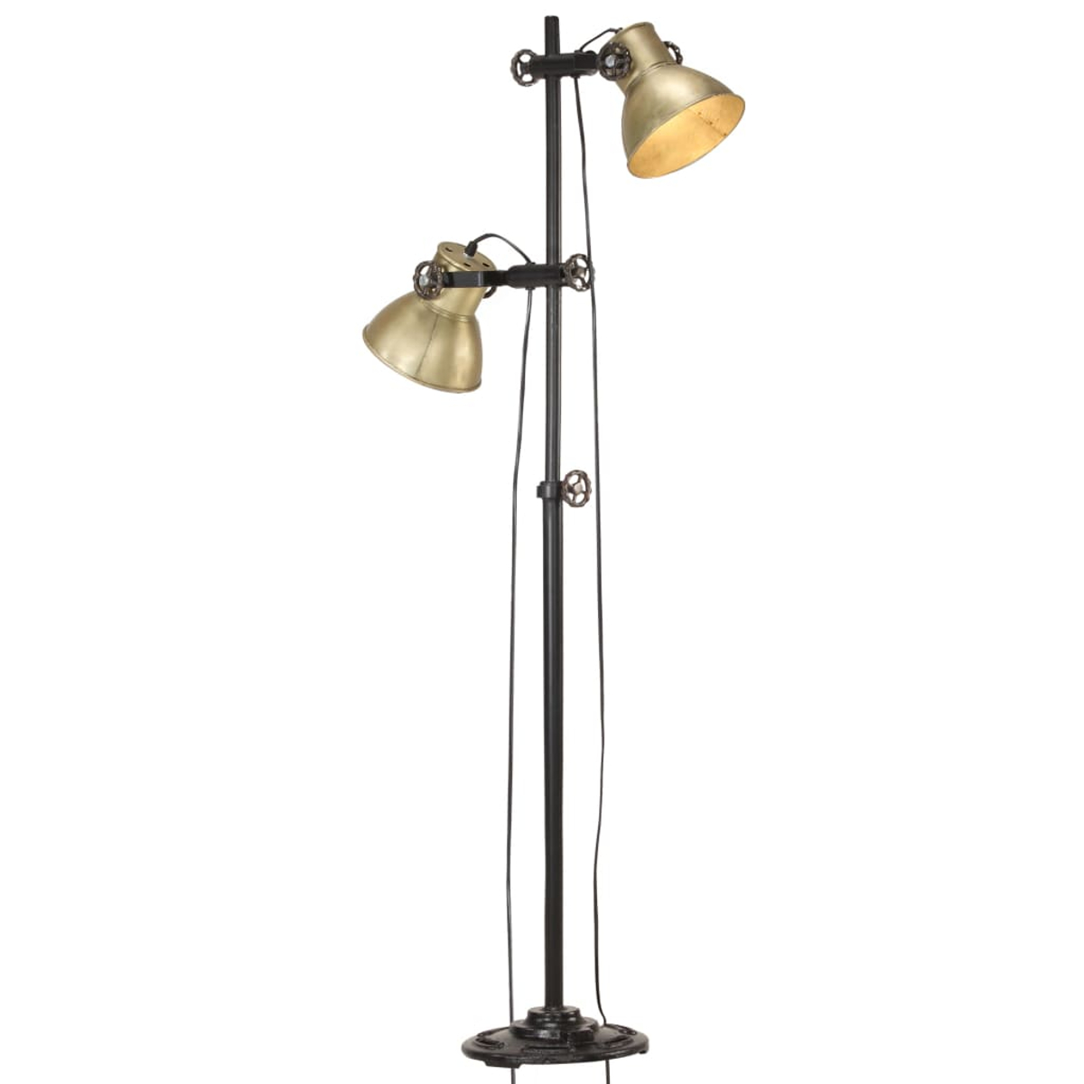 Eine schwarze Stehlampe aus Metall mit zwei goldfarbenen Lampenschirmen. Die Lampe hat verstellbare Arme und einen runden Fuß, isoliert auf Weiß.