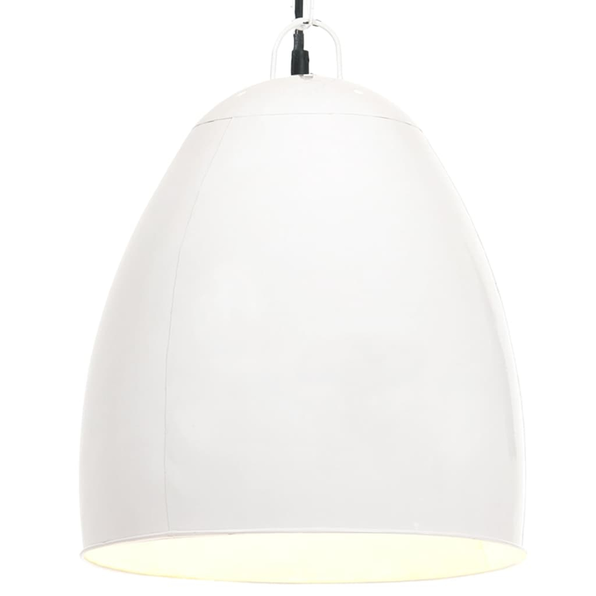 Eine weiße, tropfenförmige Pendelleuchte hängt an einem schwarzen Draht. Das Licht ist hell und strahlt unten einen warmen Schein aus.