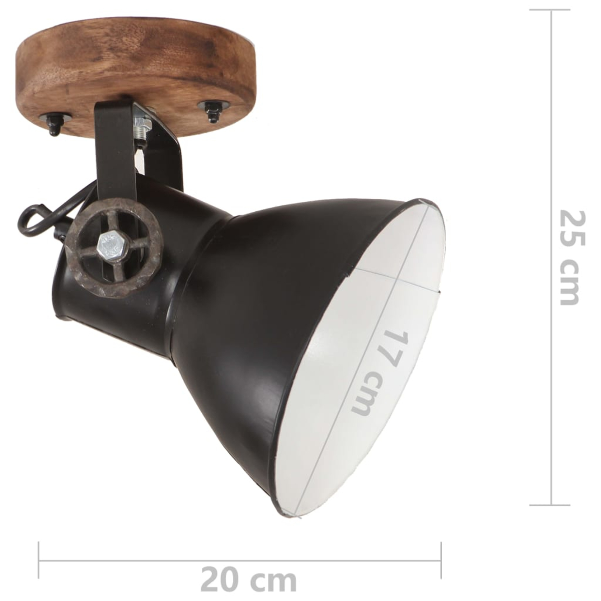 Schwarz-weiße Strahlerlampe mit Holzsockel. Abmessungen: 20 cm breit, 17 cm Durchmesser und 25 cm hoch. Industriedesign.