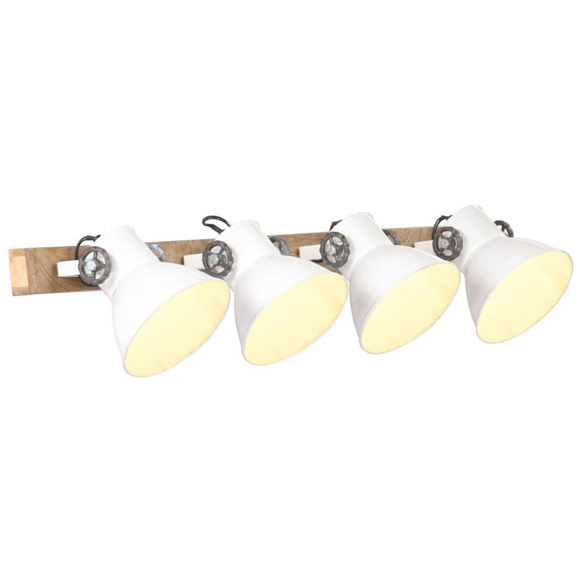 Vier weiße Strahler auf einer Holzplanke. Jedes Licht hat einen Drehknopf im Vintage-Stil. Die Lichter sind an und leuchten hell.