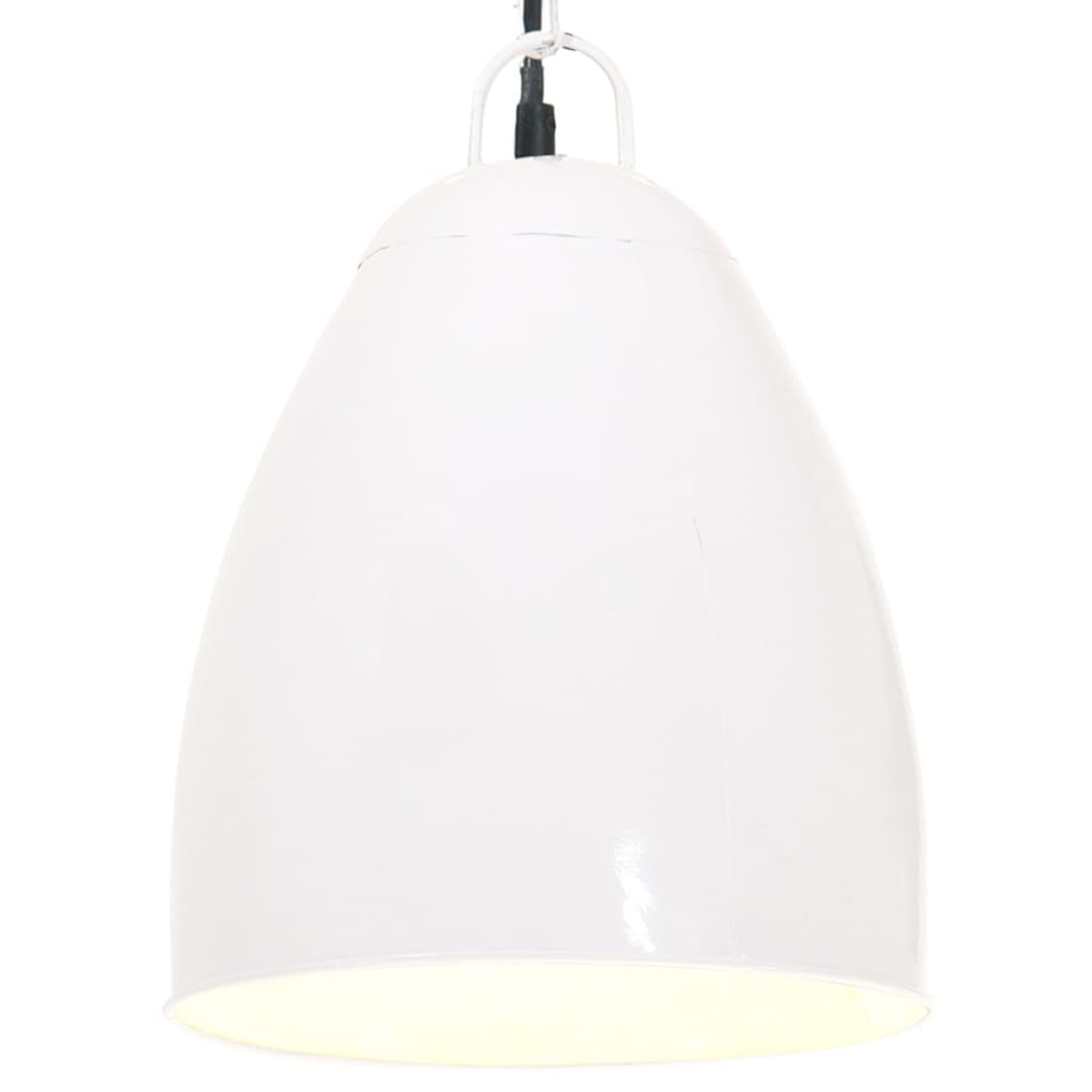Eine weiße, tropfenförmige Pendelleuchte hängt an einer weißen Kette und einem schwarzen Kabel. Das Licht wird von innen beleuchtet.