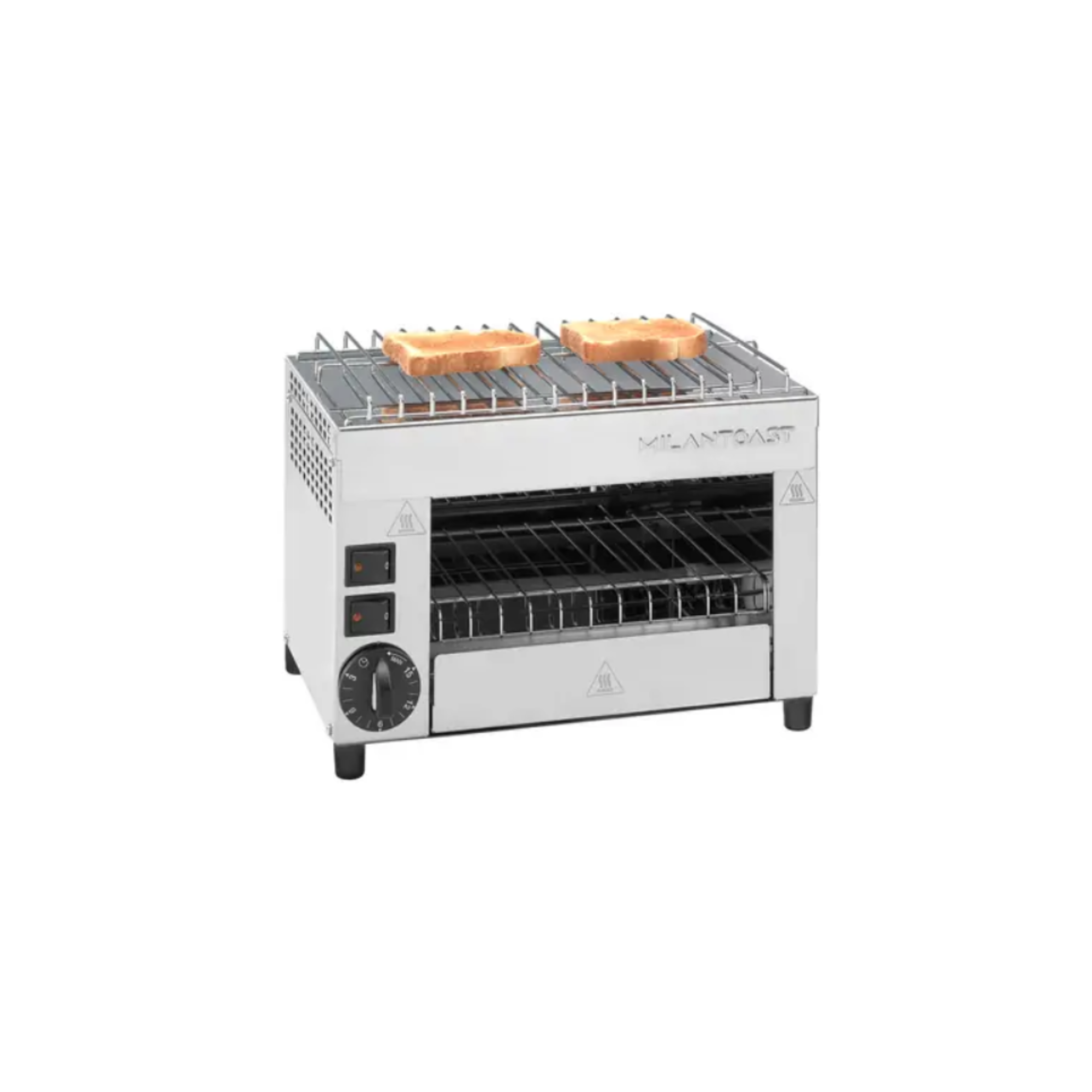 Ein silberner Toaster mit zwei Toastscheiben oben. Er hat Bedienelemente und ein Zifferblatt. Der Markenname ist sichtbar.