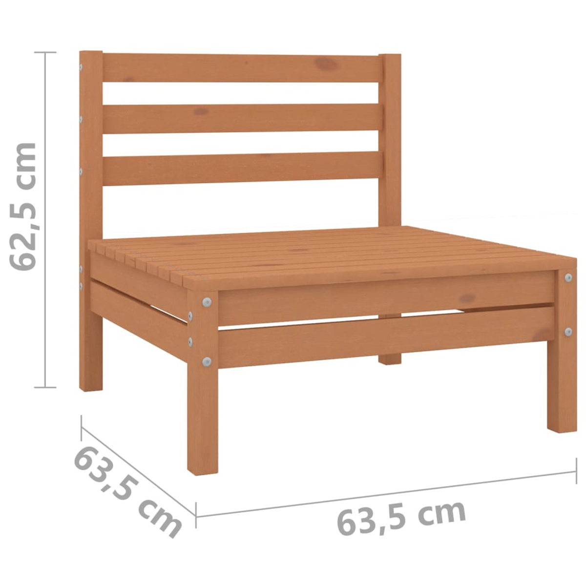 Holz-Außenstuhl mit Maßangaben. Er hat eine Rückenlehne mit horizontalen Lamellen und einen quadratischen Sitz. Maße sind angegeben.