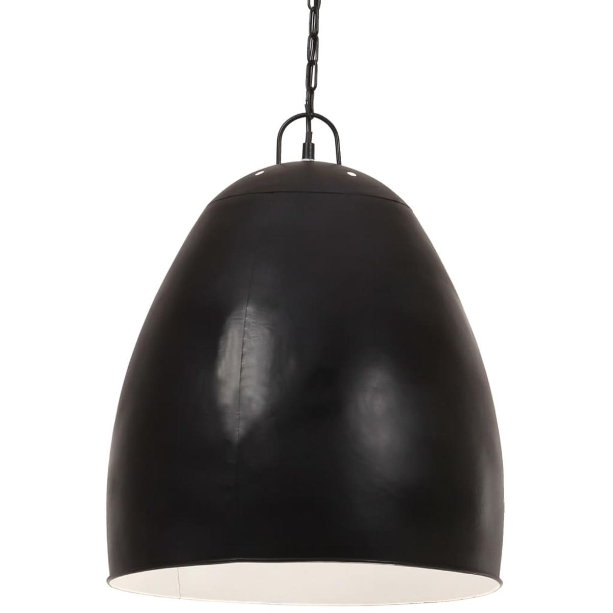 Eine schwarze, tropfenförmige Pendelleuchte mit weißem Innenraum. Sie hängt an einer Kette und hat ein schlichtes, industrielles Design.