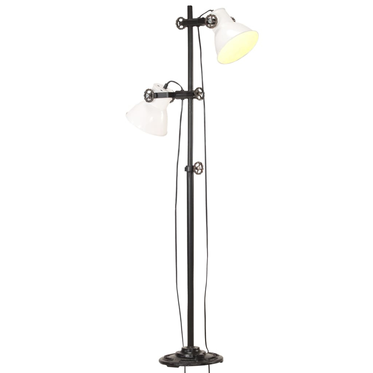 Eine schwarz-weiße Stehlampe mit zwei weißen Lampenschirmen. Die Lampe hat einen runden Fuß und steht vor weißem Hintergrund.