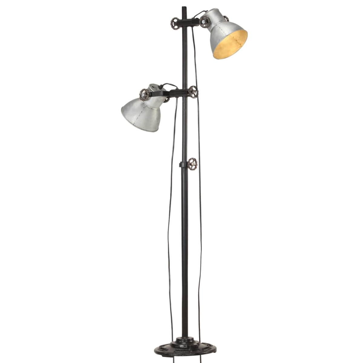 Eine Metall-Stehlampe mit zwei verstellbaren Strahlern. Die Lampe ist schwarz und silber, mit rundem Fuß. Isoliert auf weißem Hintergrund.