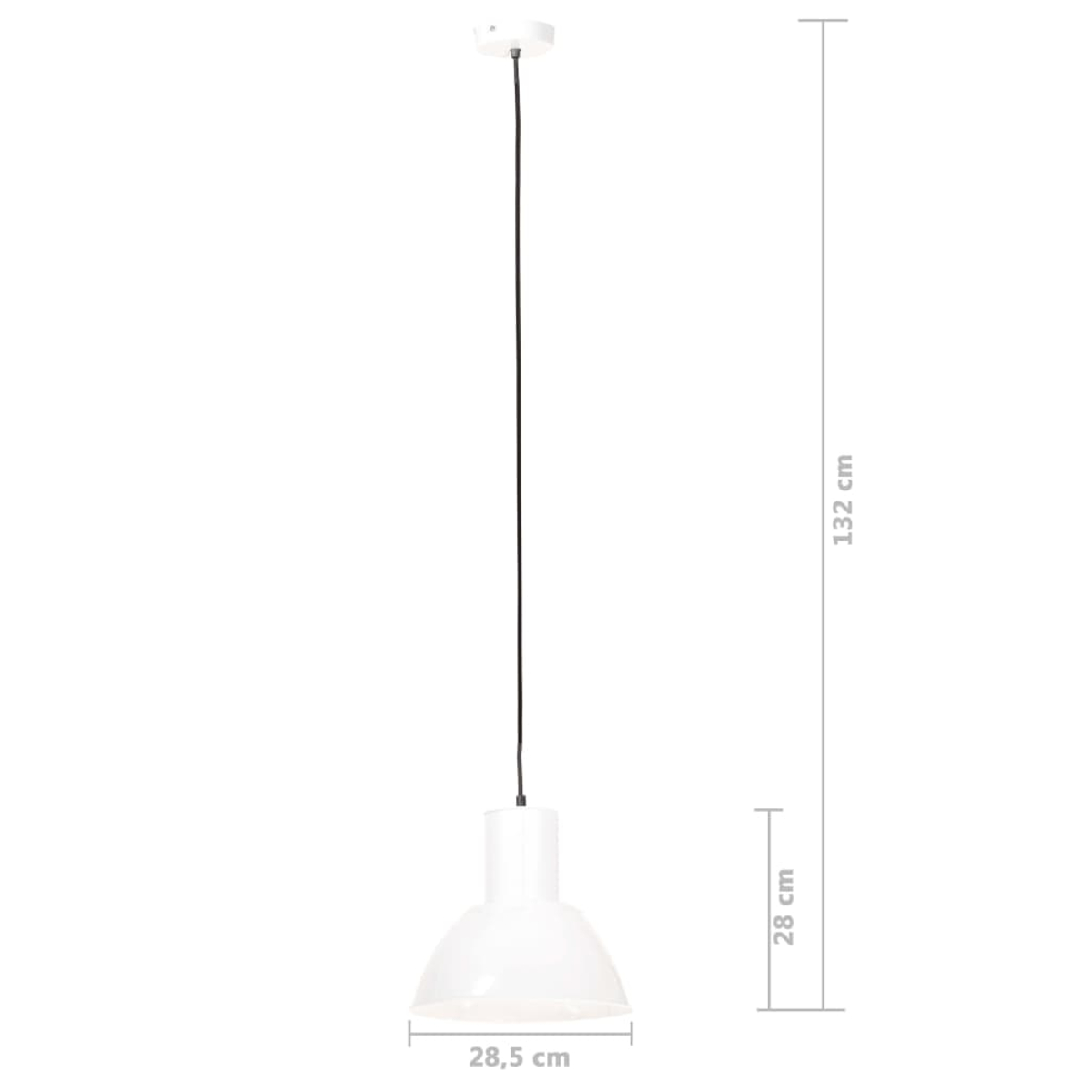 Eine weiße Pendelleuchte hängt von der Decke. Abmessungen: 28,5 cm Breite, 28 cm Höhe und 132 cm Gesamtlänge.