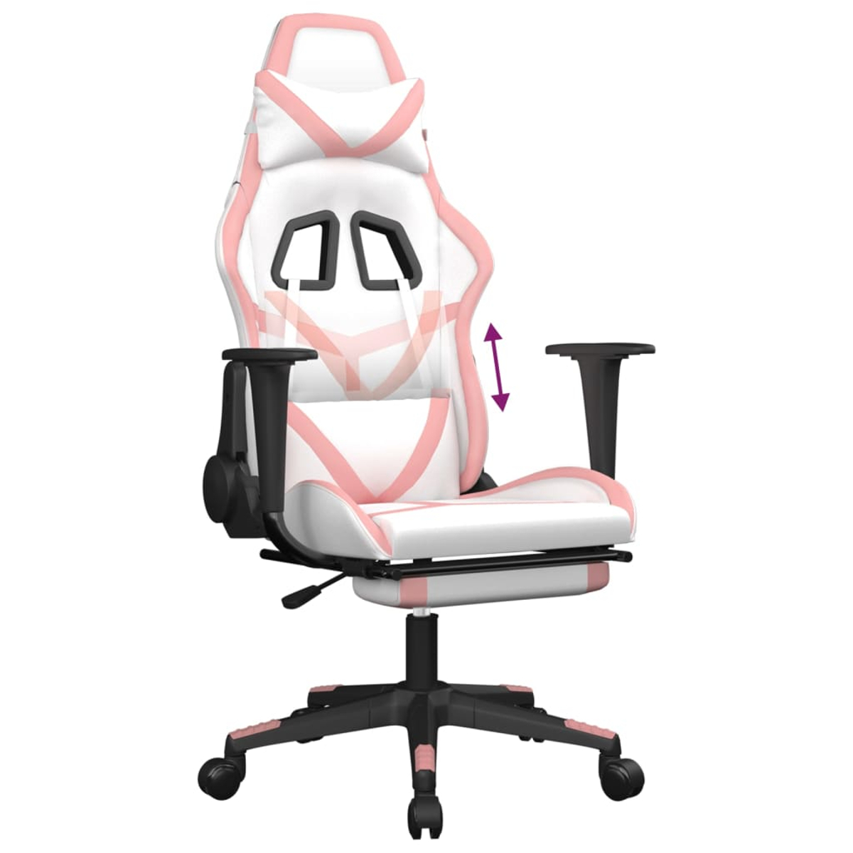 Ein weiß-rosa Gaming-Stuhl. Er hat eine hohe Rückenlehne, Armlehnen und eine Fußstütze. Der Stuhl steht auf einem schwarzen Fuß mit Rollen.