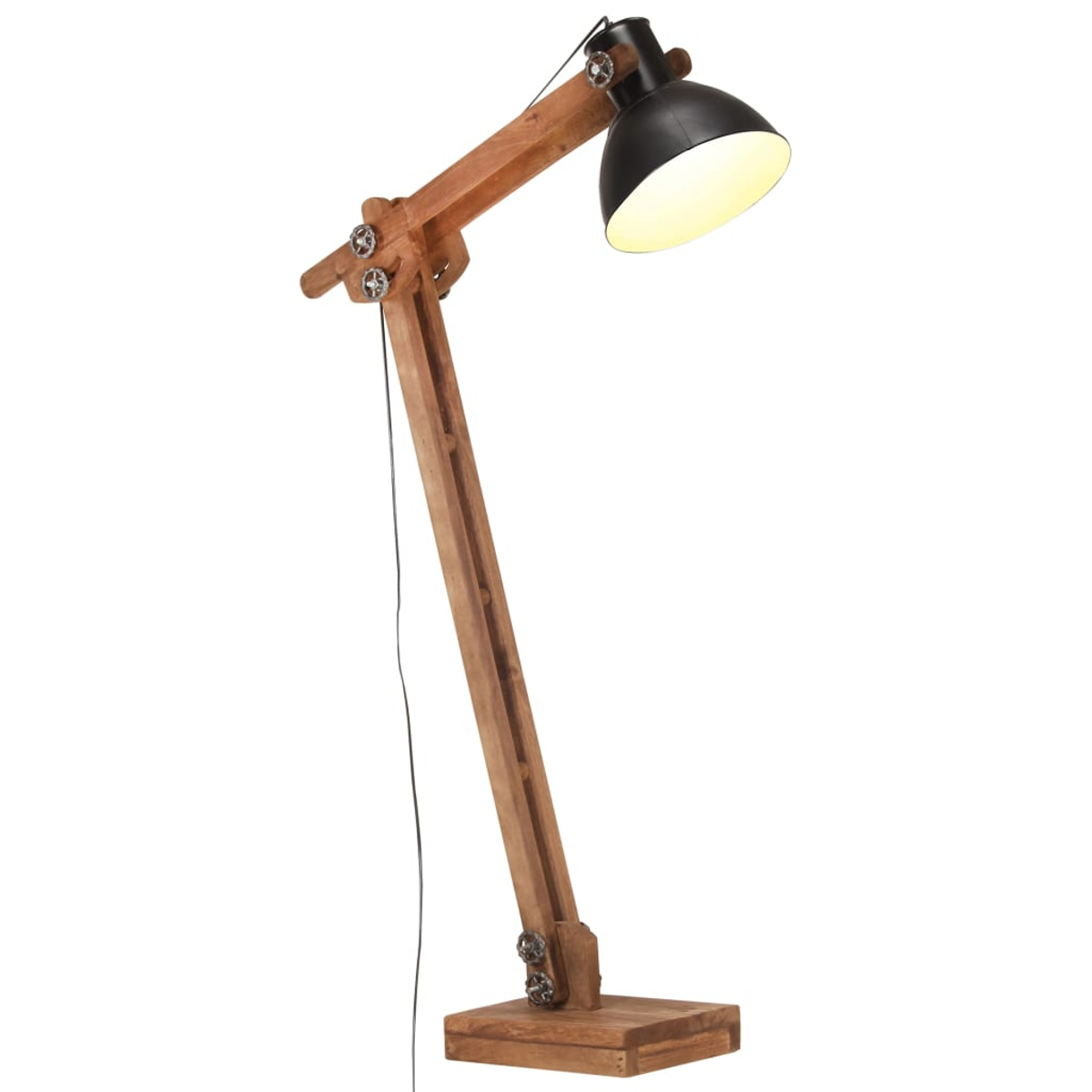 Holz-Stehlampe mit schwarzem Lampenschirm. Die Lampe ist abgewinkelt, mit sichtbaren Schrauben und einem Netzkabel. Sie steht vor weißem Hintergrund.