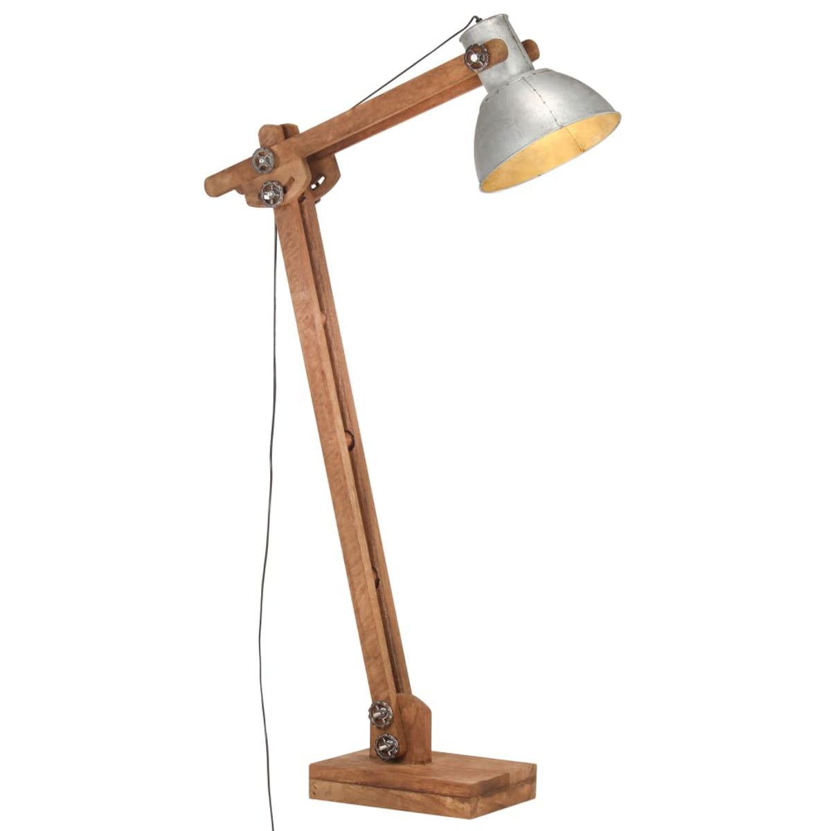 Stehlampe aus Holz mit Metallschirm. Brauner Holzrahmen und -sockel. Grauer Metallschirm und Details. Schwarzes Netzkabel.