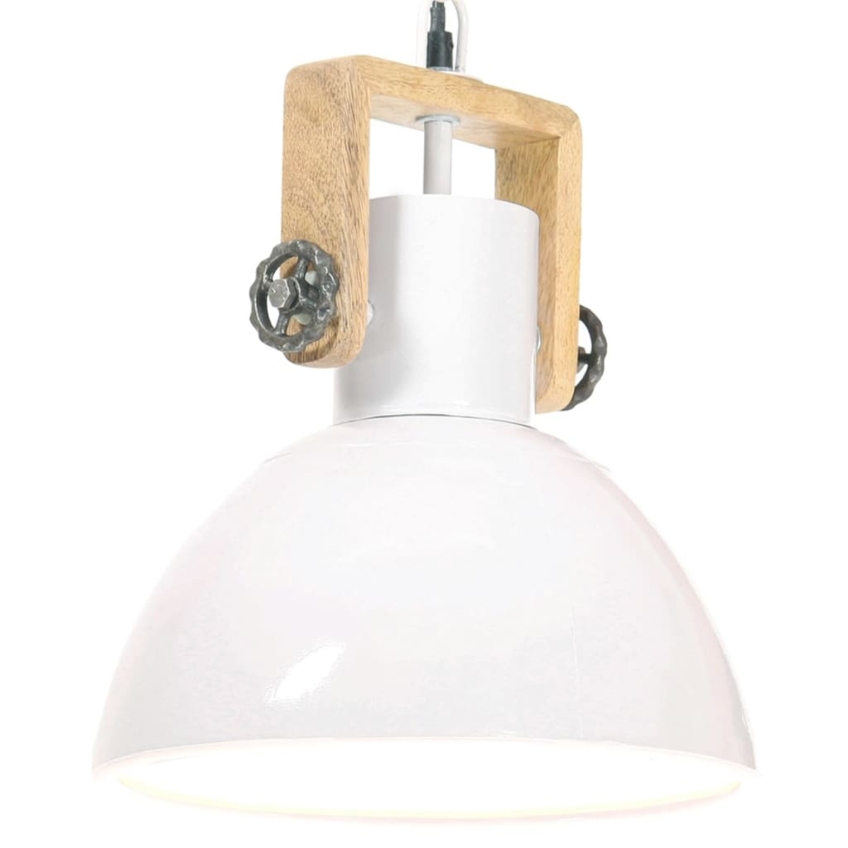 Weiße Pendelleuchte mit Holzrahmen und grauen Metalldetails. Der Schirm ist schalenförmig, das Licht brennt.