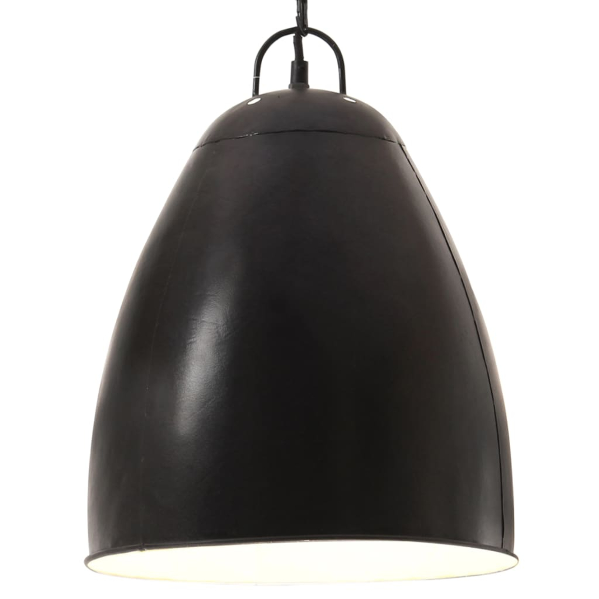 Eine schwarze Pendelleuchte hängt an einem schwarzen Draht. Die Lampe ist glockenförmig und hat unten ein helles, weißes Licht.