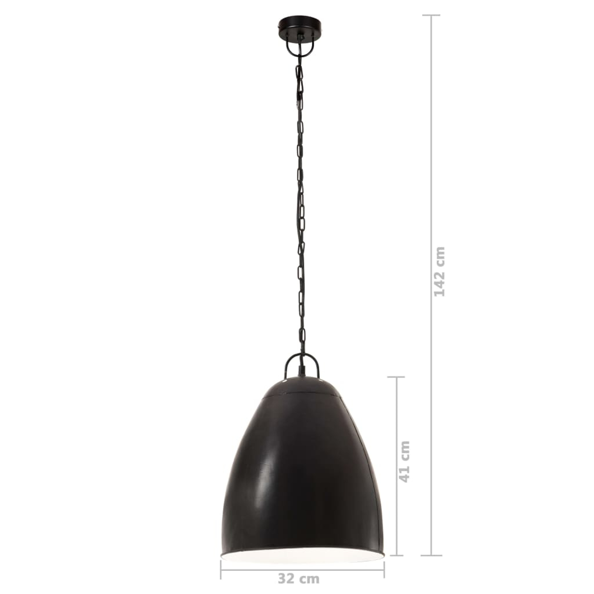 Eine schwarze Pendelleuchte mit glockenförmigem Schirm hängt an einer Kette. Abmessungen sind angegeben: 32x41x142cm.
