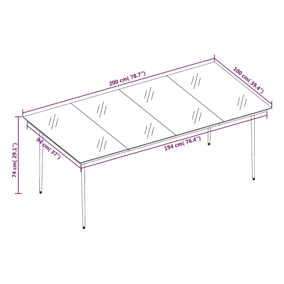 Ein weißer rechteckiger Tisch mit Glasplatten und dünnen Beinen. Abmessungen sind angegeben, einschließlich 200 cm Länge, 100 cm Breite und 74 cm Höhe.