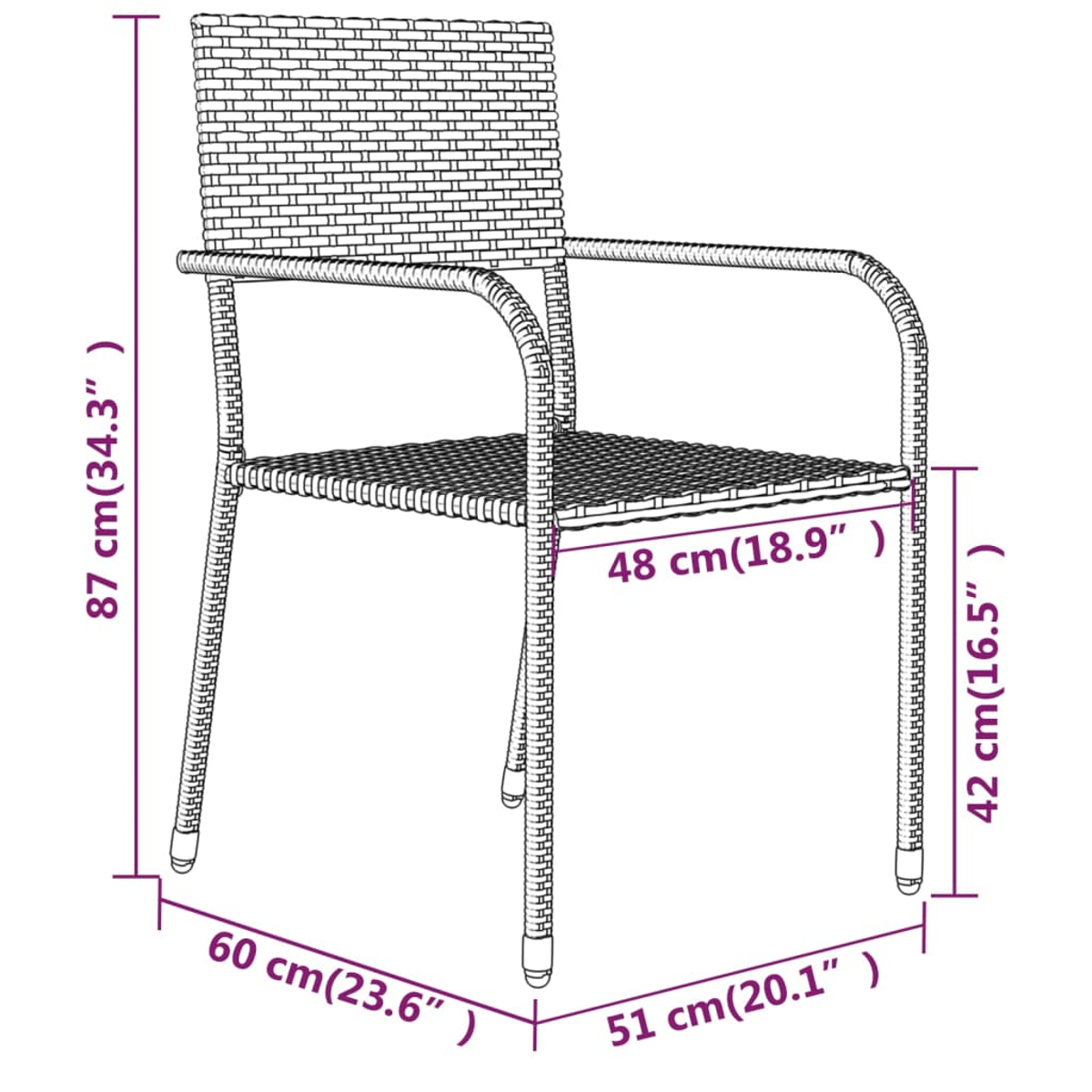 Ein brauner Korbstuhl mit Armlehnen. Maße sind angegeben: 87 cm hoch, 60 cm breit, 51 cm tief, Sitz 48 cm breit und 42 cm hoch.