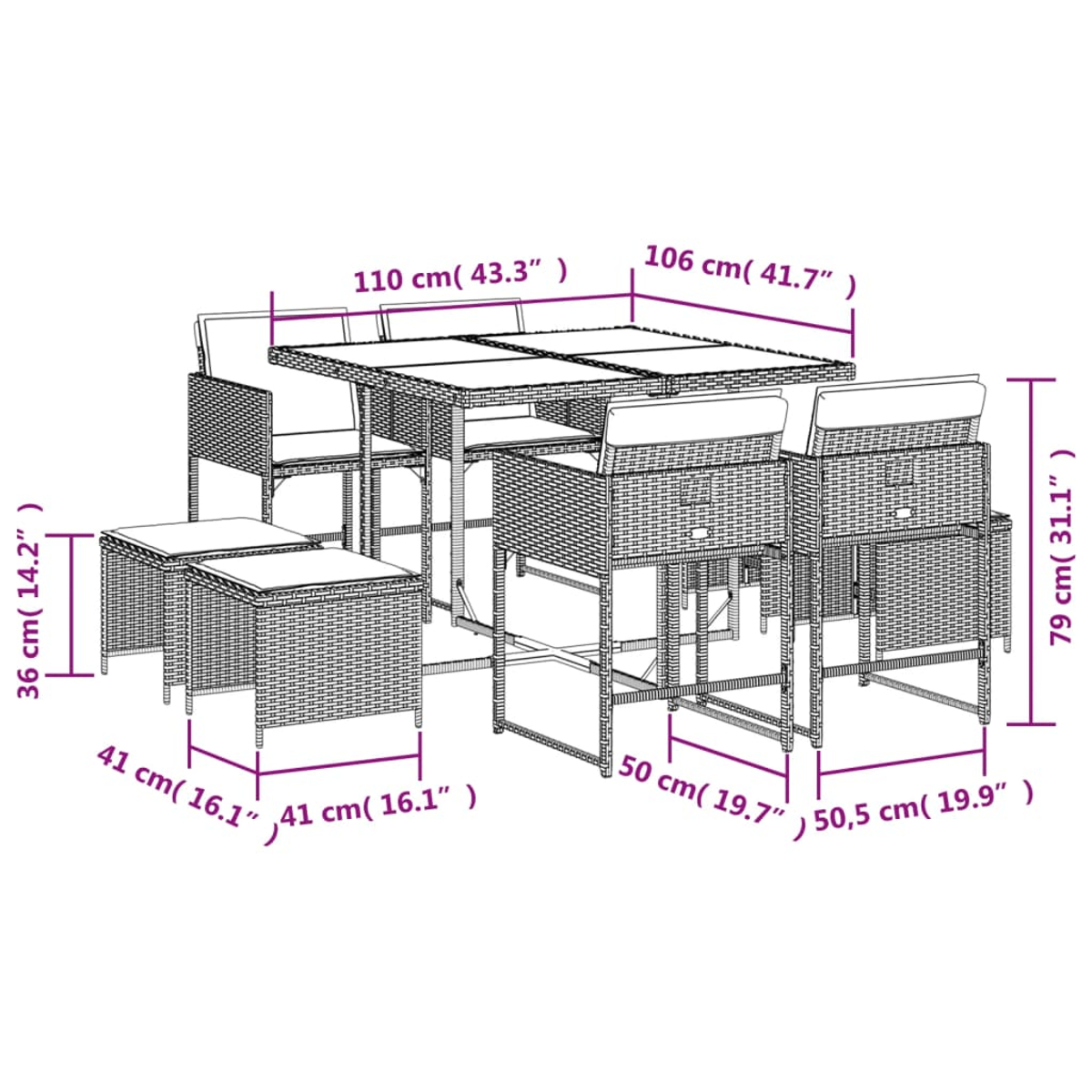 Un set da pranzo per esterni in vimini con tavolo rettangolare, sedie e poggiapiedi. Le dimensioni sono indicate in centimetri e pollici.