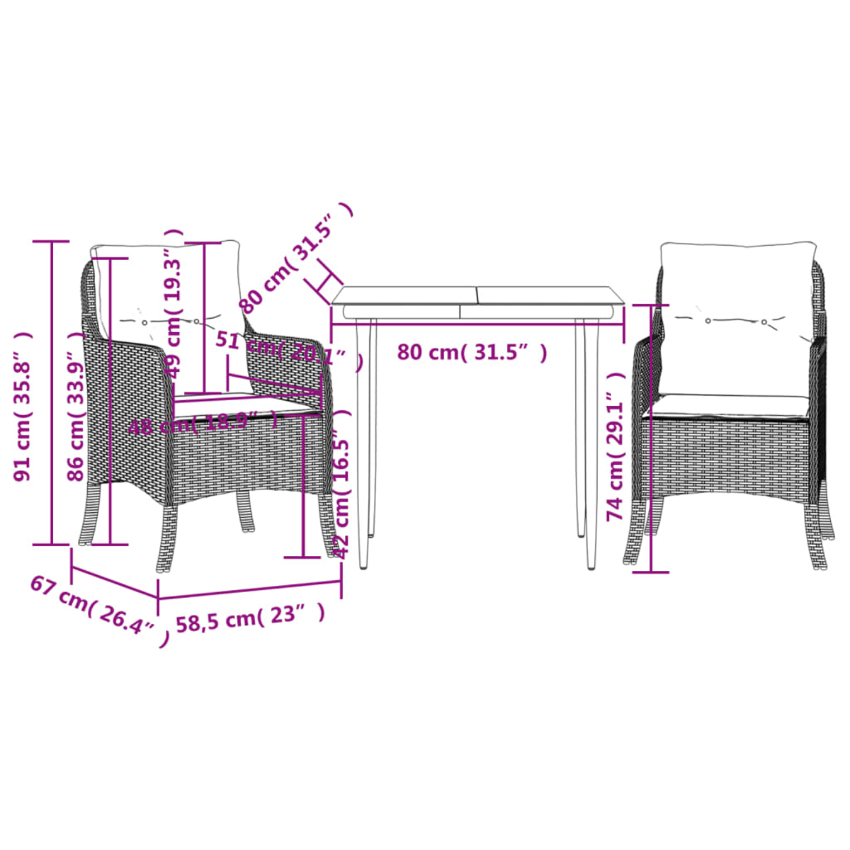 Geflechtes Gartenmöbel-Set: zwei Stühle, ein Tisch und Maße auf dem Bild markiert.