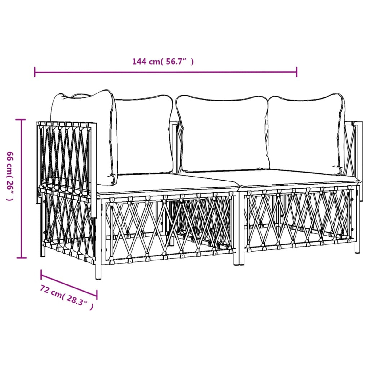 Ein weißes Outdoor-Sofa mit Maßangaben. Es hat Kissen und ein dekoratives Metallgestell. Maße: 144x72x66 cm.