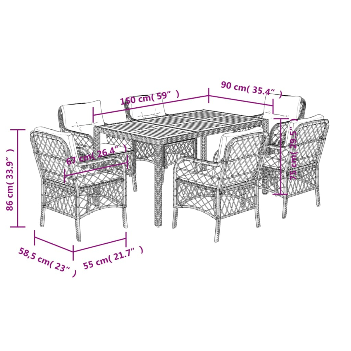 Ein Outdoor-Möbelset aus Korbgeflecht. Es umfasst einen Tisch und sechs Stühle, mit Maßangaben in Zentimetern und Zoll.