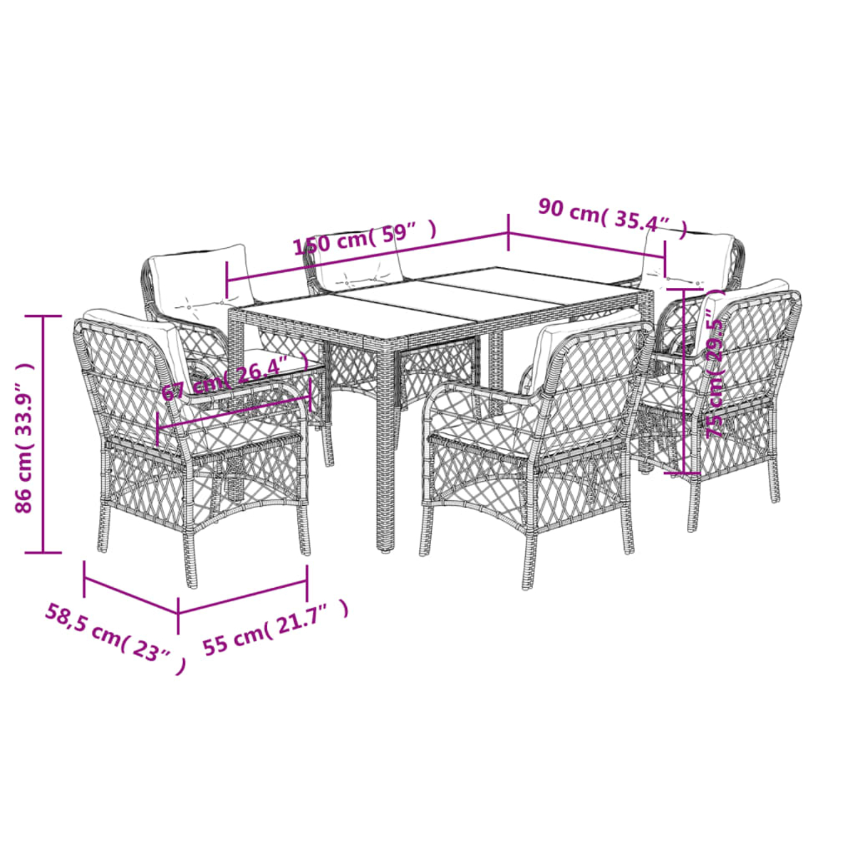 Ein Rattan-Esstisch-Set für den Außenbereich. Es umfasst einen rechteckigen Tisch und sechs Stühle mit Kissen, Abmessungen sind in cm und Zoll angegeben.
