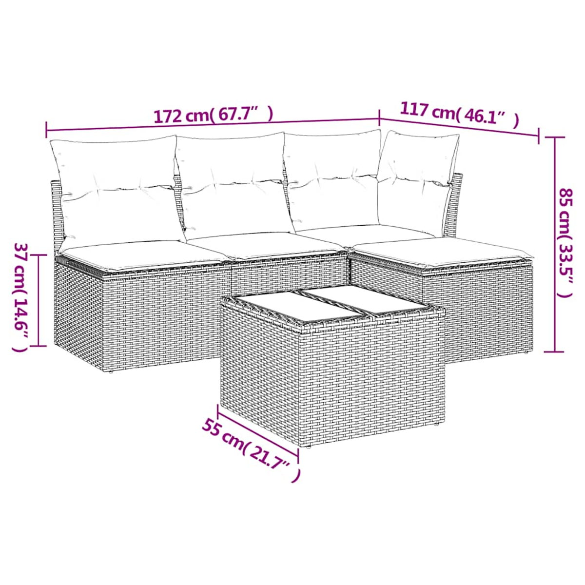 Set di mobili da esterno in vimini. Include un divano a tre posti, un sedile singolo e un tavolino quadrato, con dimensioni.