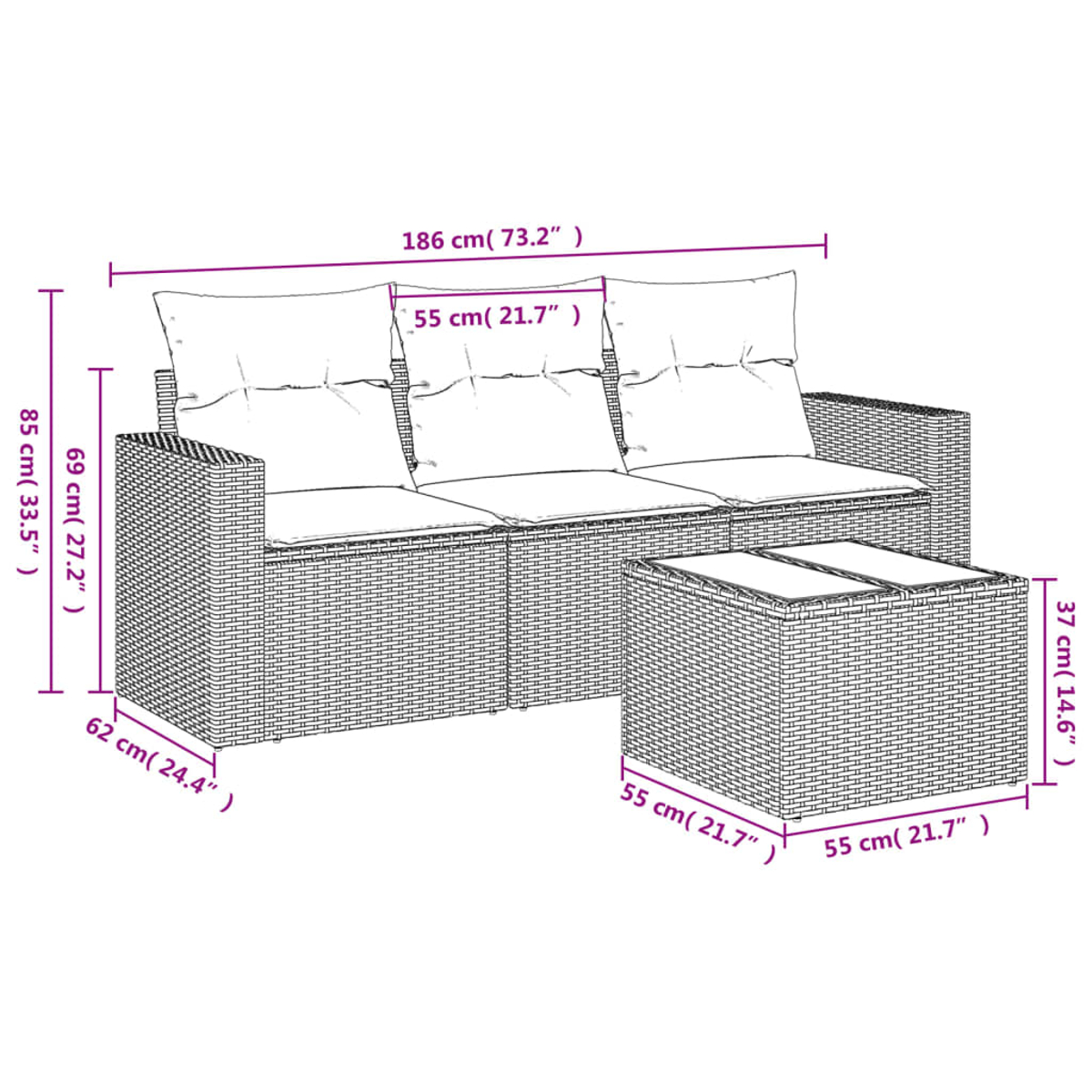Ein Rattansofa-Set mit Maßangaben. Es umfasst ein Dreisitzer-Sofa und einen rechteckigen Couchtisch, beide mit Kissen.
