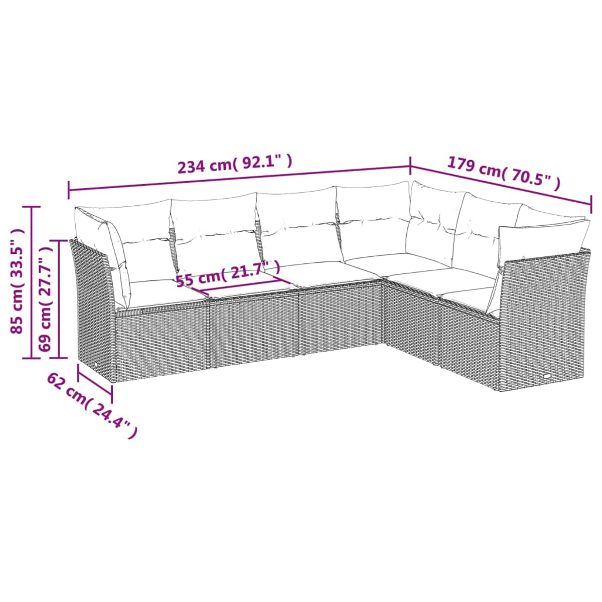 Sofá en forma de L de mimbre con dimensiones en cm y pulgadas. Tiene cojines y es apto para exteriores.