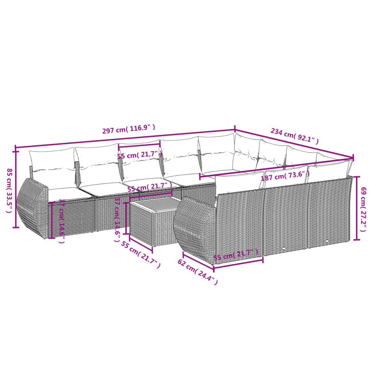 Outdoor-Wicker-Sofagarnitur mit Bemaßungen in cm und Zoll. Enthält Sofateile und einen kleinen Tisch mit Kissen.