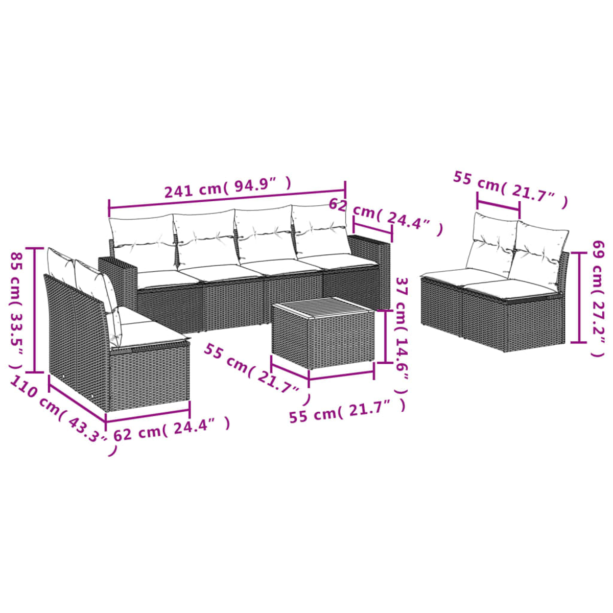 Geflochtenes Gartenmöbel-Set mit Maßangaben in cm und Zoll. Enthält ein Sofa, zwei Stühle und einen Couchtisch.