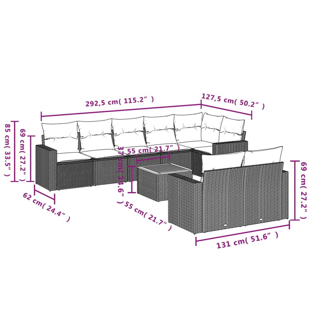 Gezeigt wird ein Rattansofa-Set mit Maßen. Es umfasst ein großes Sofa, einen kleinen Tisch und ein Loveseat, mit markierten Abmessungen.