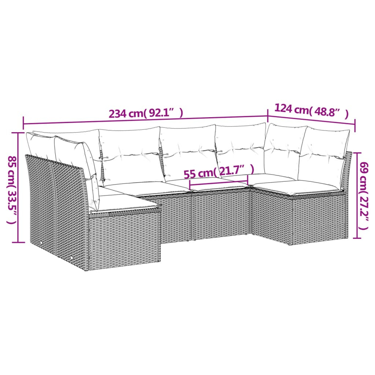 Ein Rattansofa mit Kissen. Maße sind beschriftet: 234cm, 124cm, 85cm, 55cm und 69cm. Der Hintergrund ist weiß.