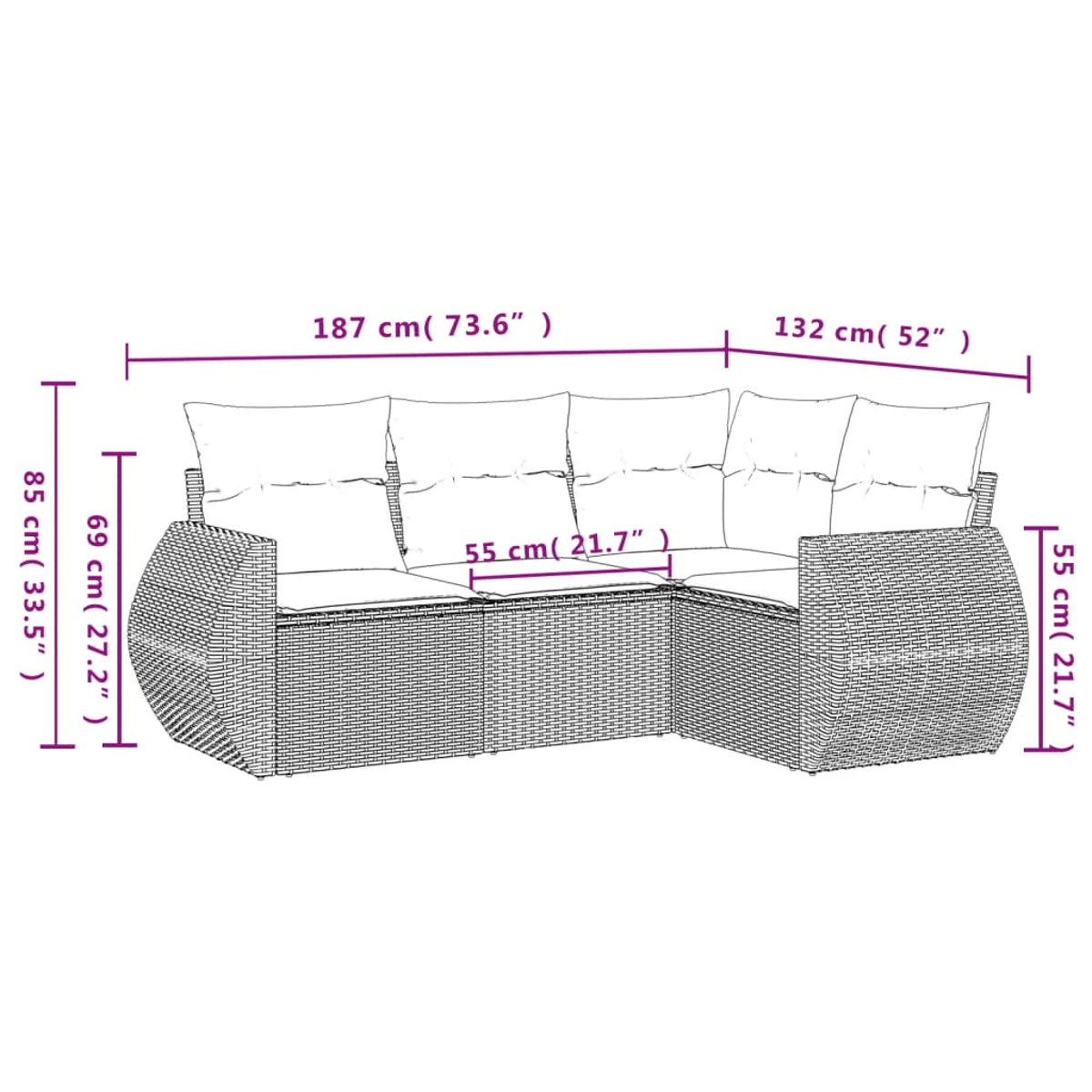 Ein Ecksofa aus Rattan mit beschrifteten Abmessungen. Es hat Kissen, und die Maße sind in Zentimetern und Zoll angegeben.