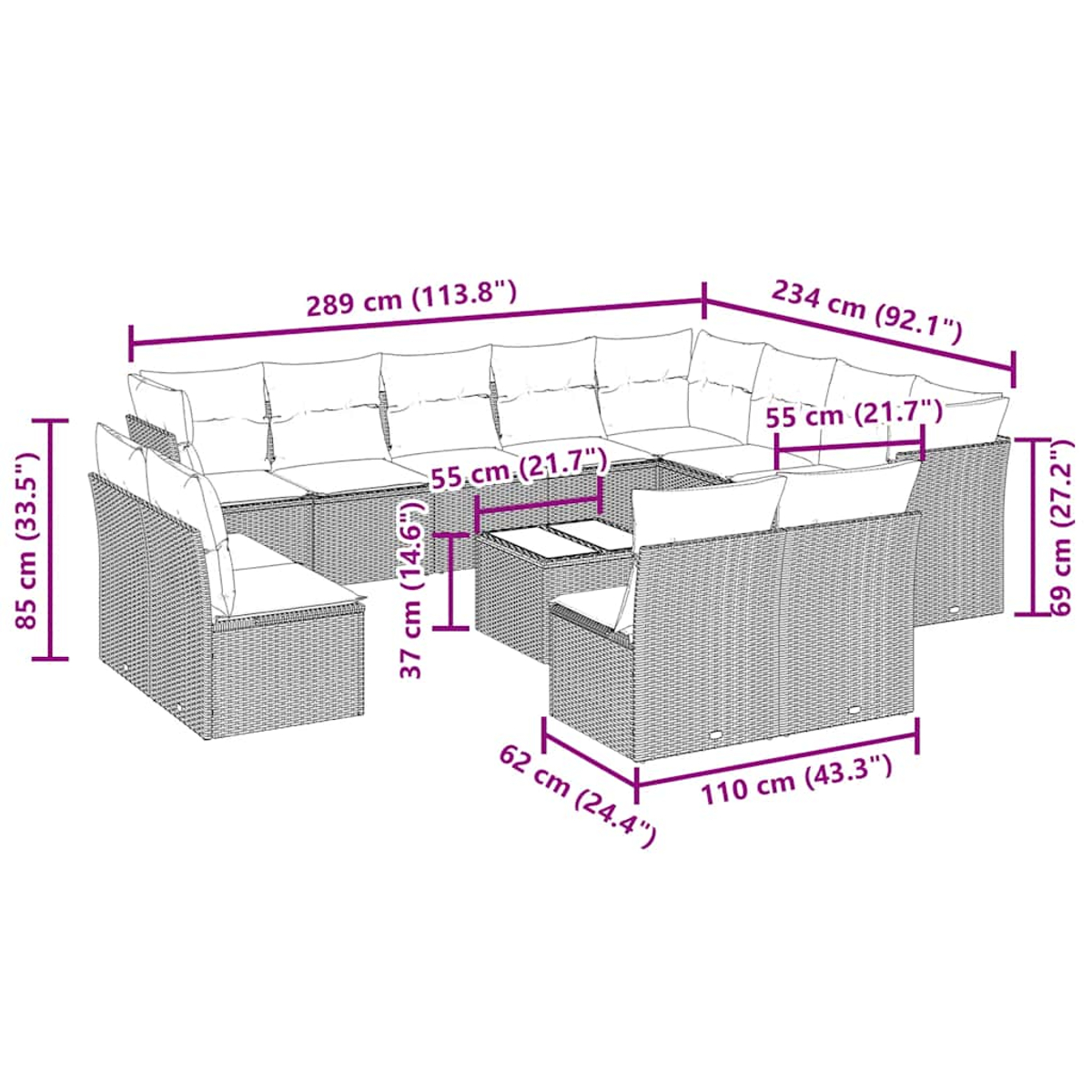 Diagramm eines Rattan-Gartenmöbelsets. Abmessungen für jeden Abschnitt werden angezeigt, einschließlich Sofa und zwei kleinere Stühle.