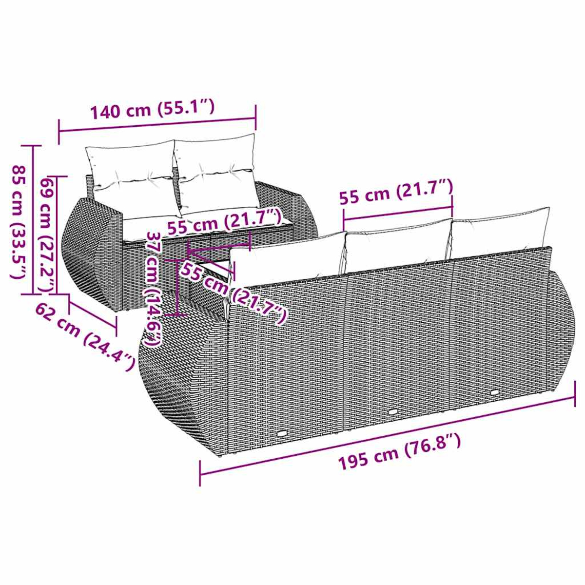 Ein Diagramm zeigt die Abmessungen eines grauen Korbsessel-Sets mit weißen Kissen. Maße in cm und Zoll sind angegeben.
