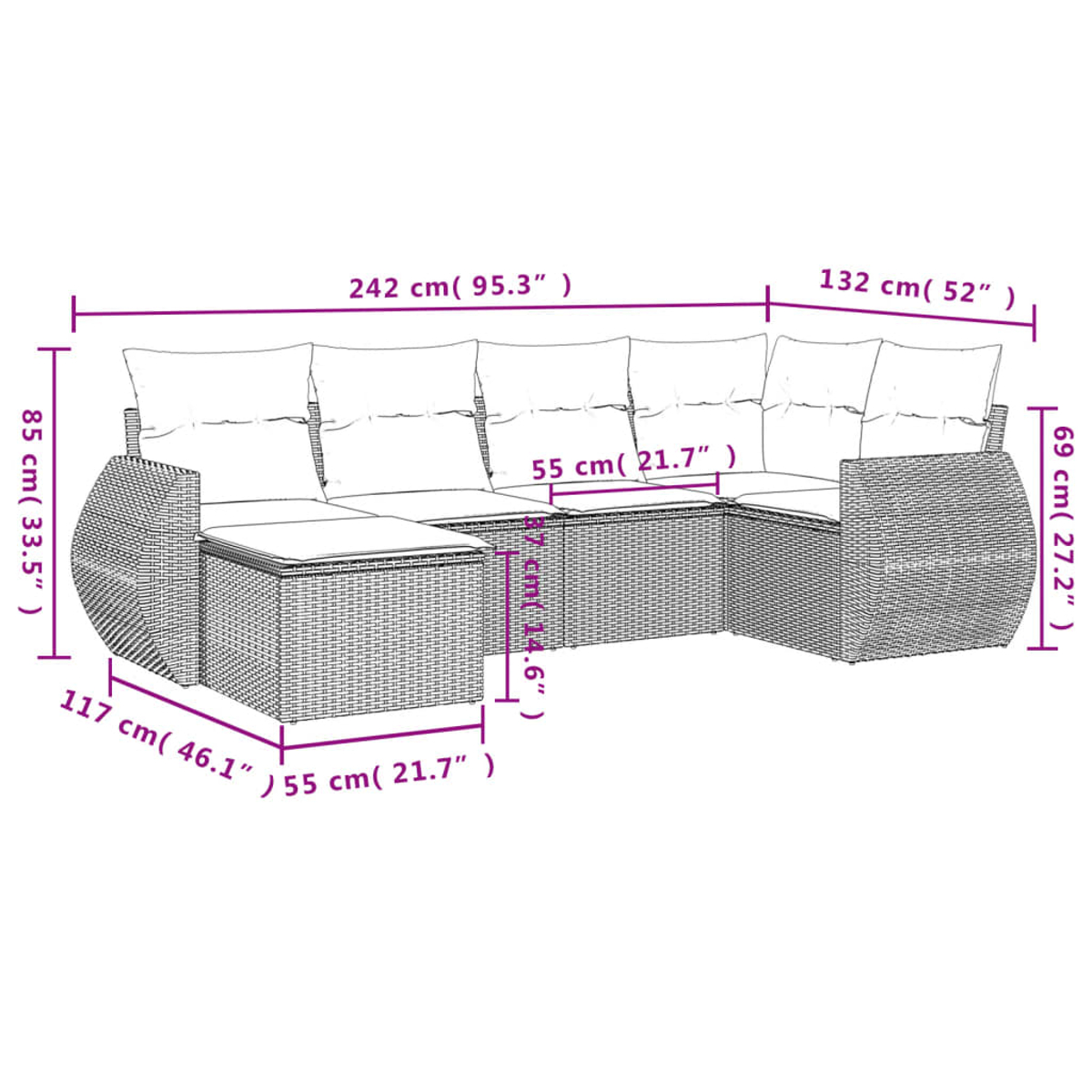 Ein Diagramm eines großen Outdoor-Wicker-Sofas mit Abmessungen. Das Sofa besteht aus mehreren Abschnitten mit Kissen.