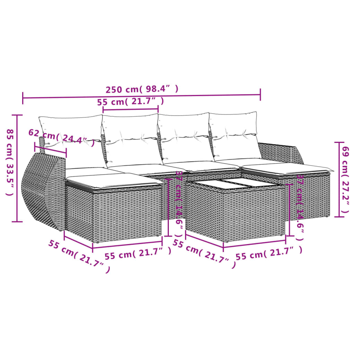 Ein Outdoor-Sofa aus Korbgeflecht mit Kissen. Abmessungen werden in cm und Zoll angezeigt. Inklusive Tisch. Weißer Hintergrund.