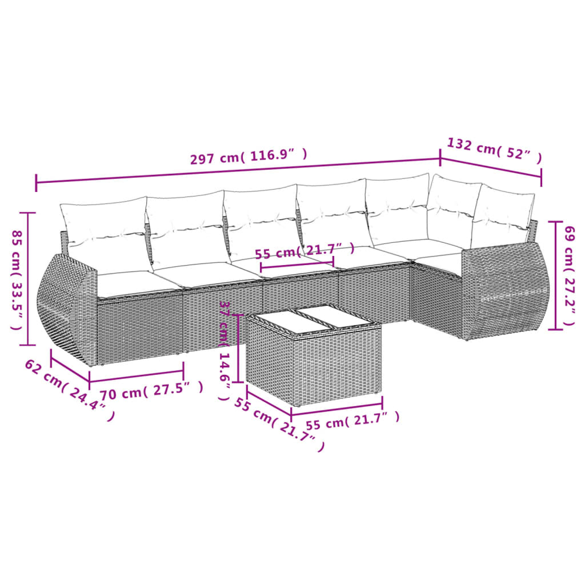 Divano componibile da esterno in vimini con dimensioni etichettate. Include cuscini e un tavolino quadrato. Le misure sono in centimetri.
